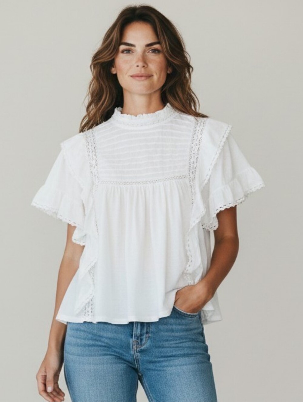 Free People Cotton White Lace Pintuck Ruffle Blouse
